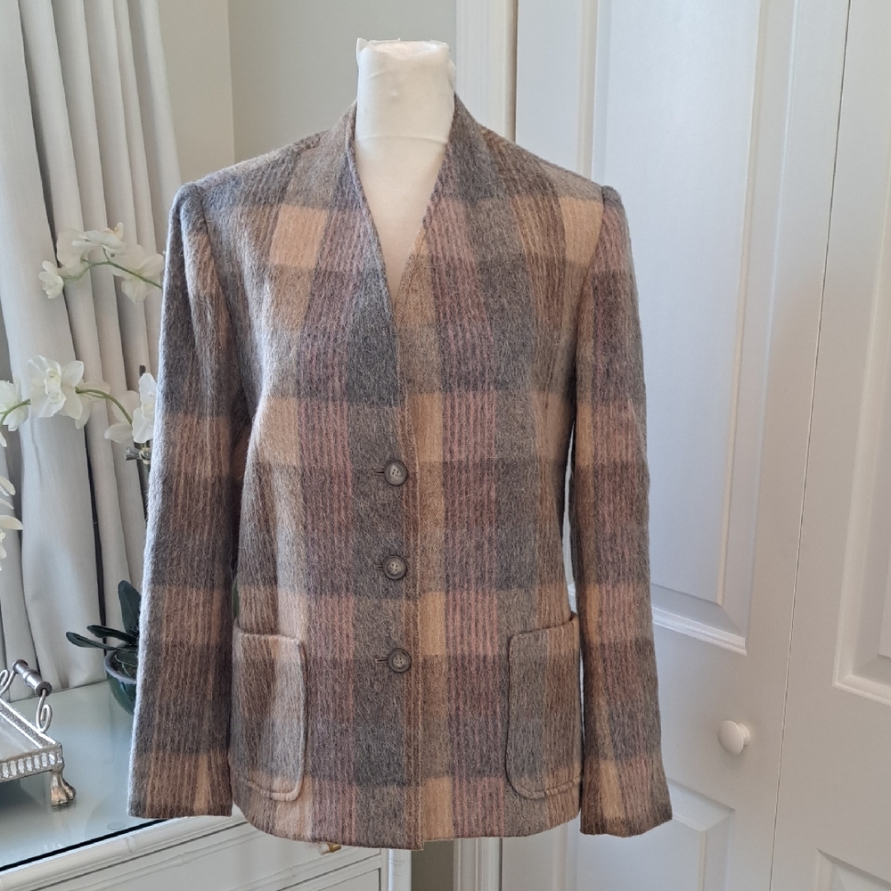 Prato Womens Vintage Shadow Plaid Mohair Blend Collarless Blazer‎ Lined S-7/8